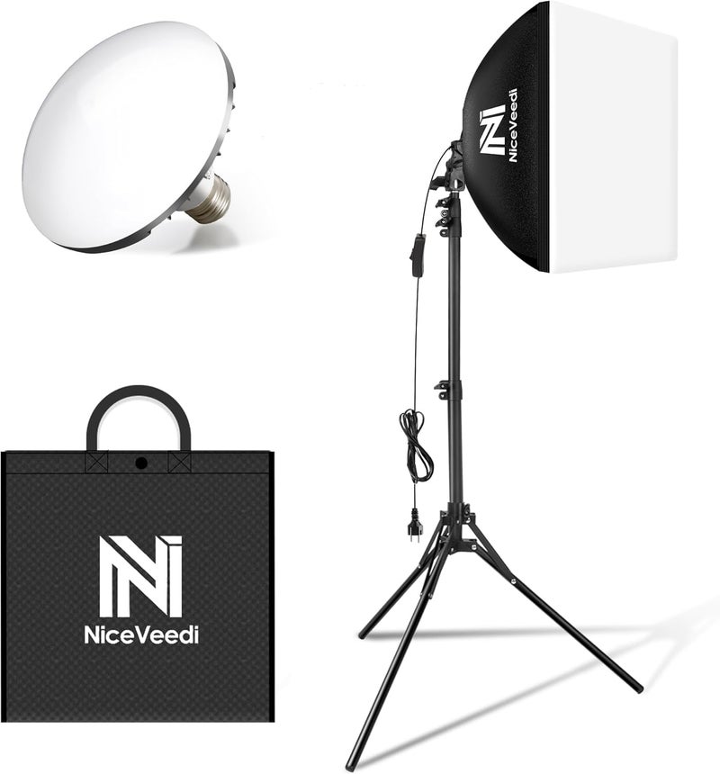 NiceVeedi Softbox Lighting Kit, 16'' x 16'' Softbox Photography Lighting Kit with 63” Tripod Stand & 5400K 450W Equivalent LED Bulb, Continuous Lighting for Photography/Video Record/Live Streaming - Image 1